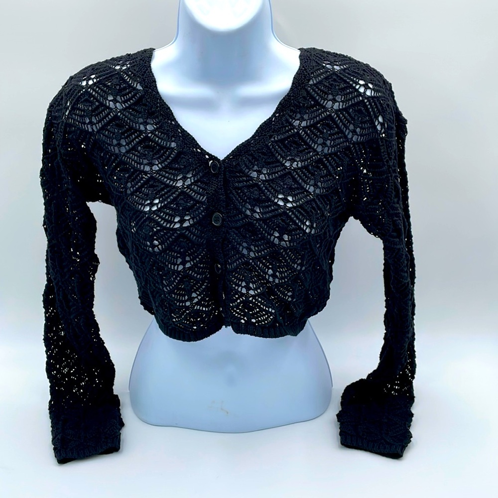 Stitch & Pine Black Cropped Button Down Cardigan Sweater‎ Sustainable Materials